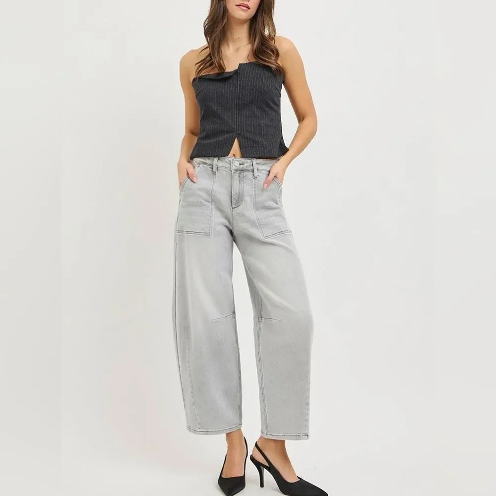 RISEN Slouchy Cropped Barrel Jeans Faded Grey Sz 29"-31"